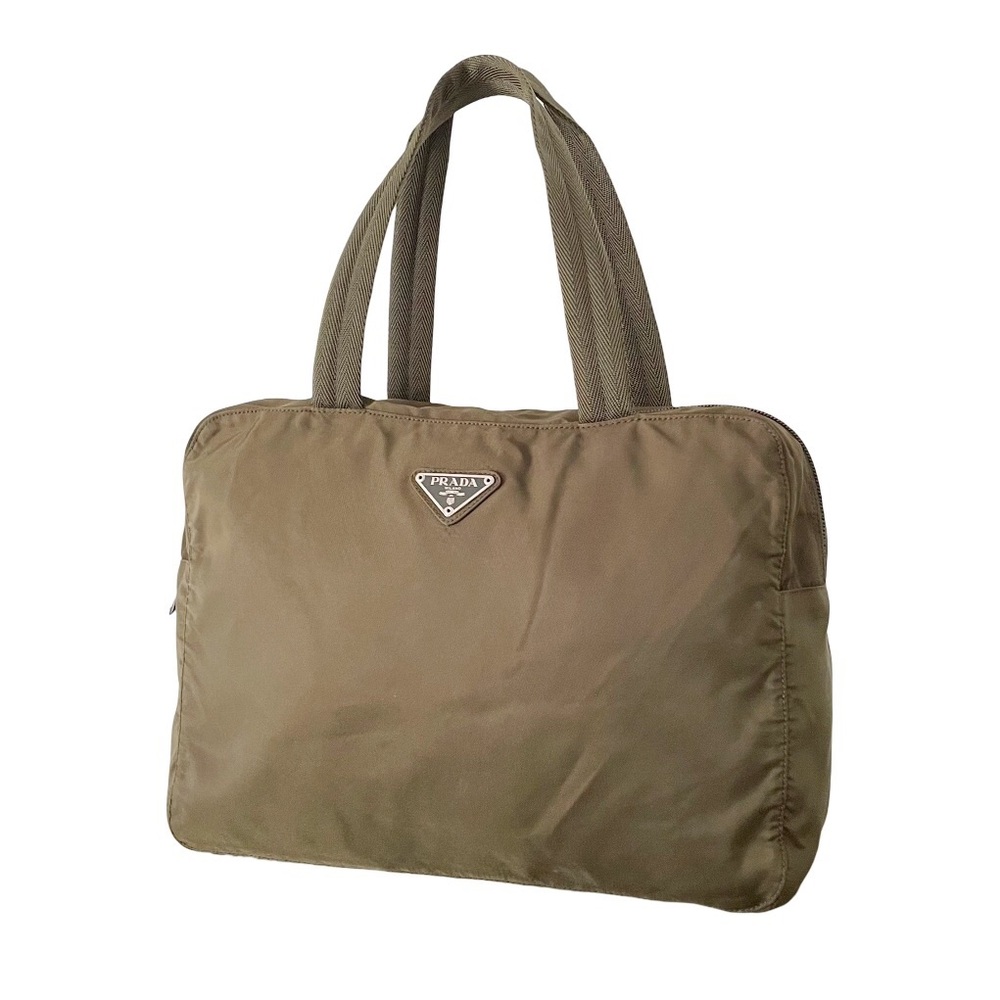 Prada RARE dark green brown nylon triangle logo Boston bag vintage - Picture 1 of 15